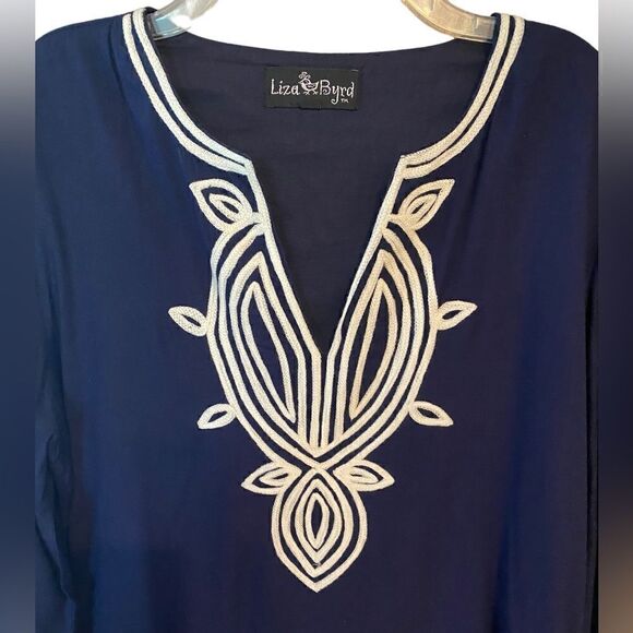 Liza Byrd Sz M Navy Blue White Outline Ribbon Trim Cotton Shift Dress - Picture 4 of 8